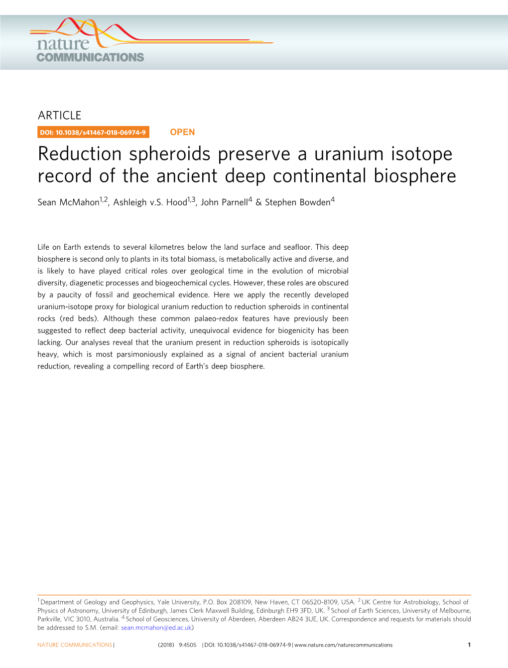 Reduction Spheroids Preserve a Uranium Isotope Record of the Ancient Deep Continental Biosphere