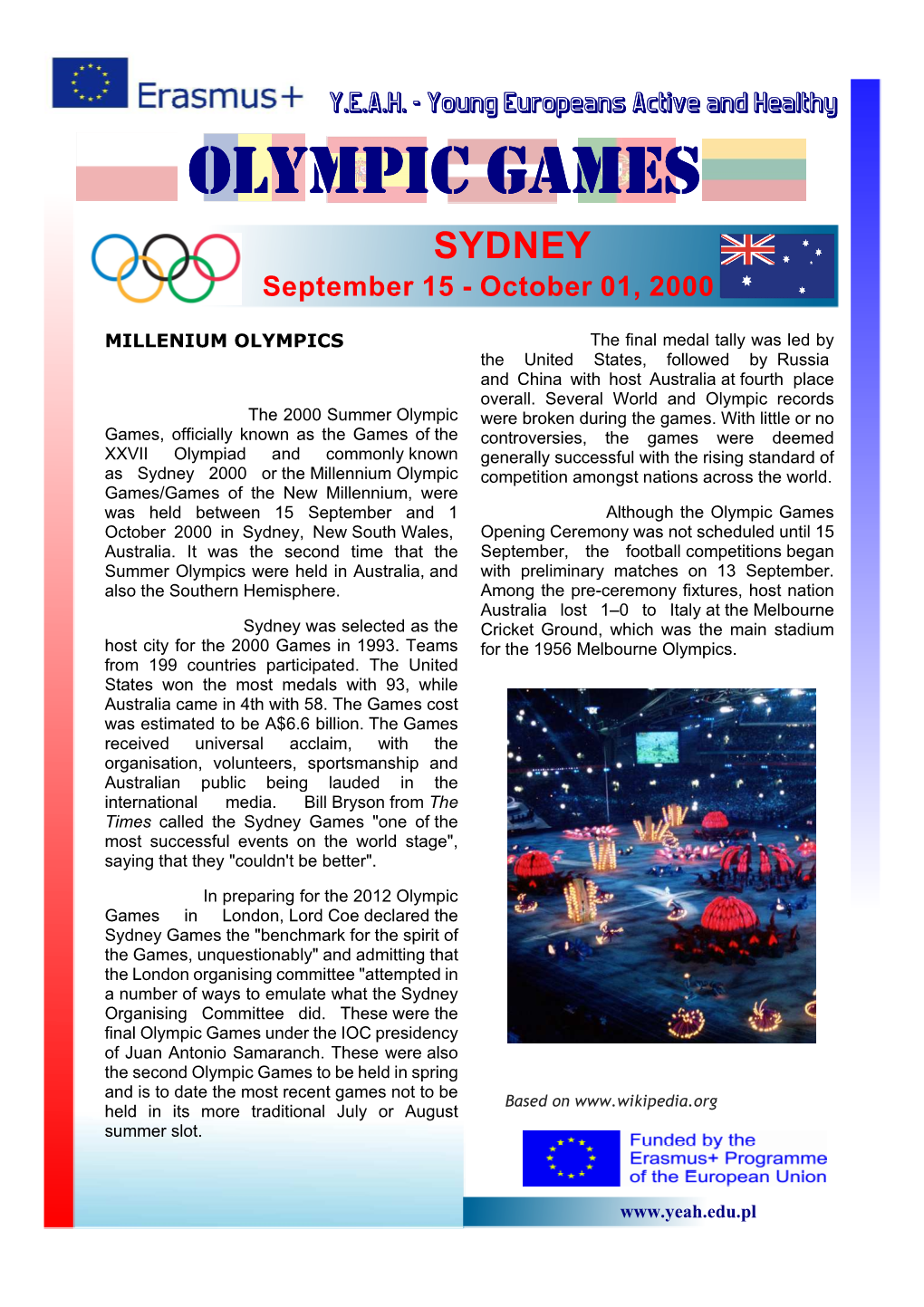 OLYMPIC GAMES SYDNEY September 15 - October 01, 2000