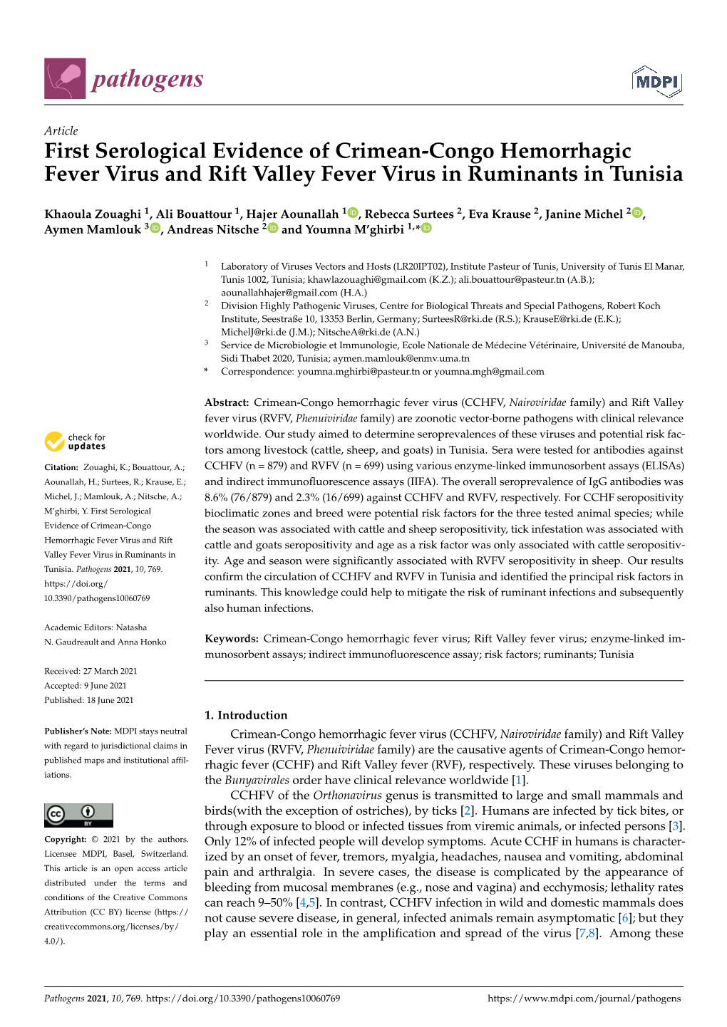 First Serological Evidence of Crimean-Congo Hemorrhagic Fever Virus and Rift Valley Fever Virus in Ruminants in Tunisia