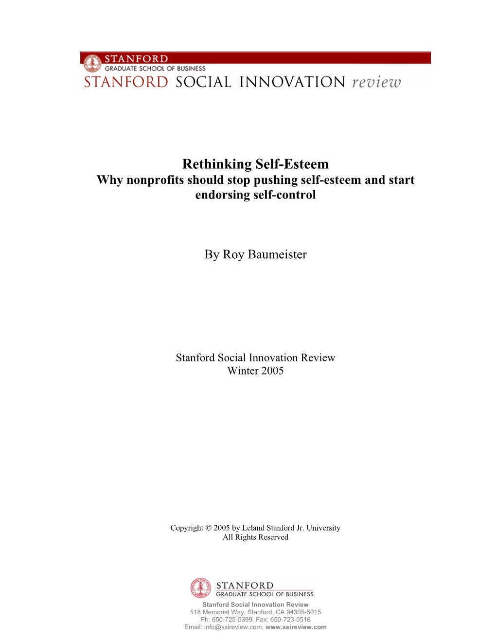 Rethinking Self-Esteem Why Nonprofits Should Stop Pushing Self-Esteem and Start Endorsing Self-Control