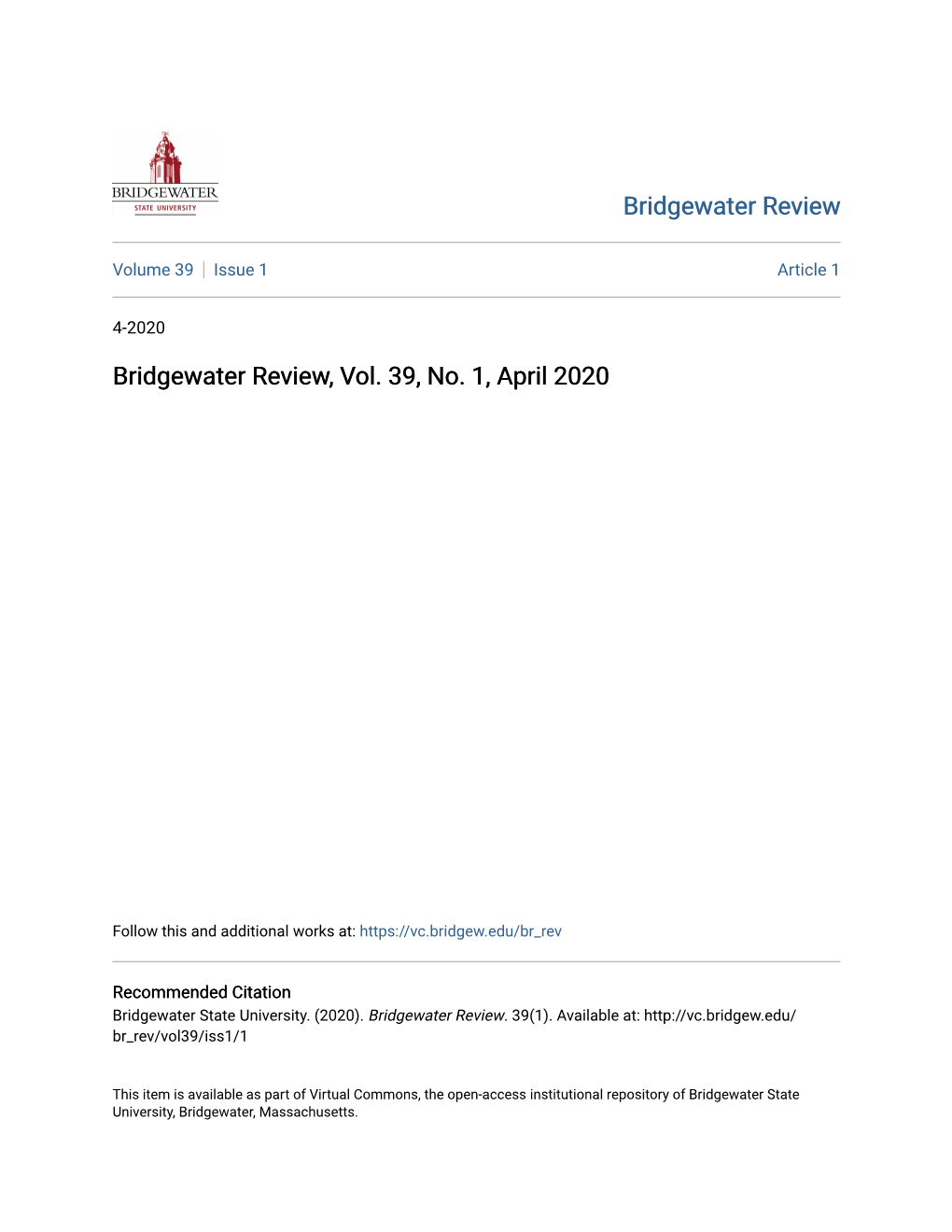 Bridgewater Review, Vol. 39, No. 1, April 2020