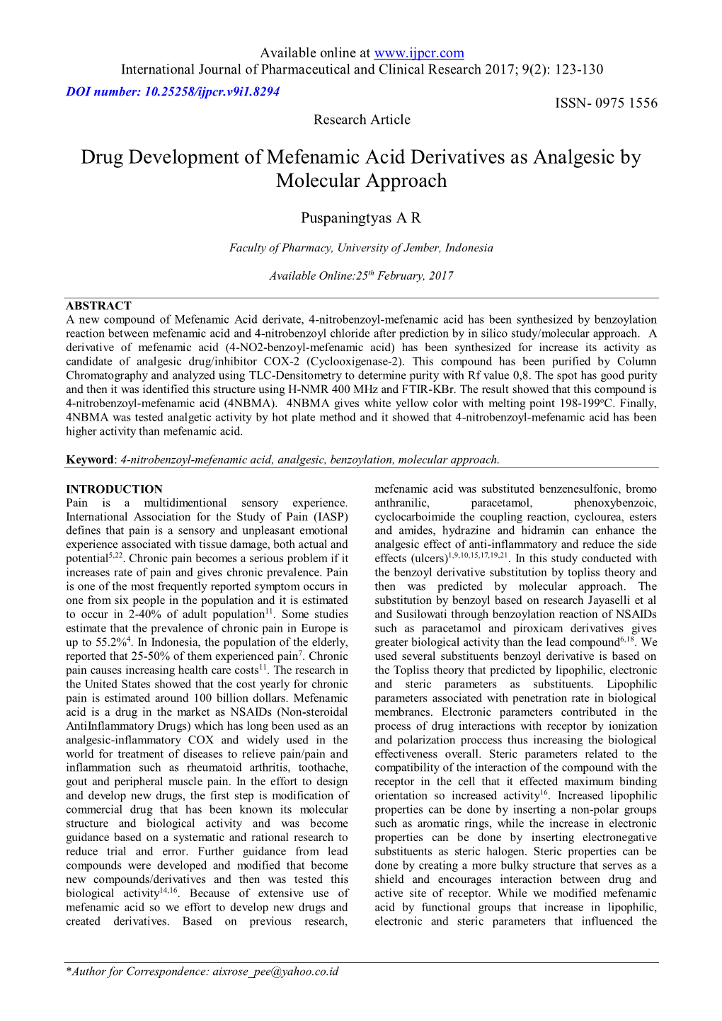 Drug Development of Mefenamic Acid Derivatives As Analgesic by Molecular Approach