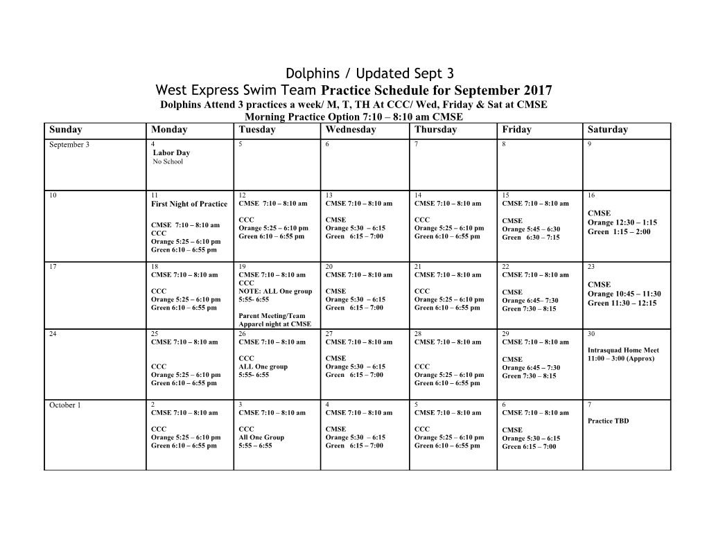 Dolphins / Updated Sept 3 West Express Swim Team Practiceschedule for September 2017 Dolphins