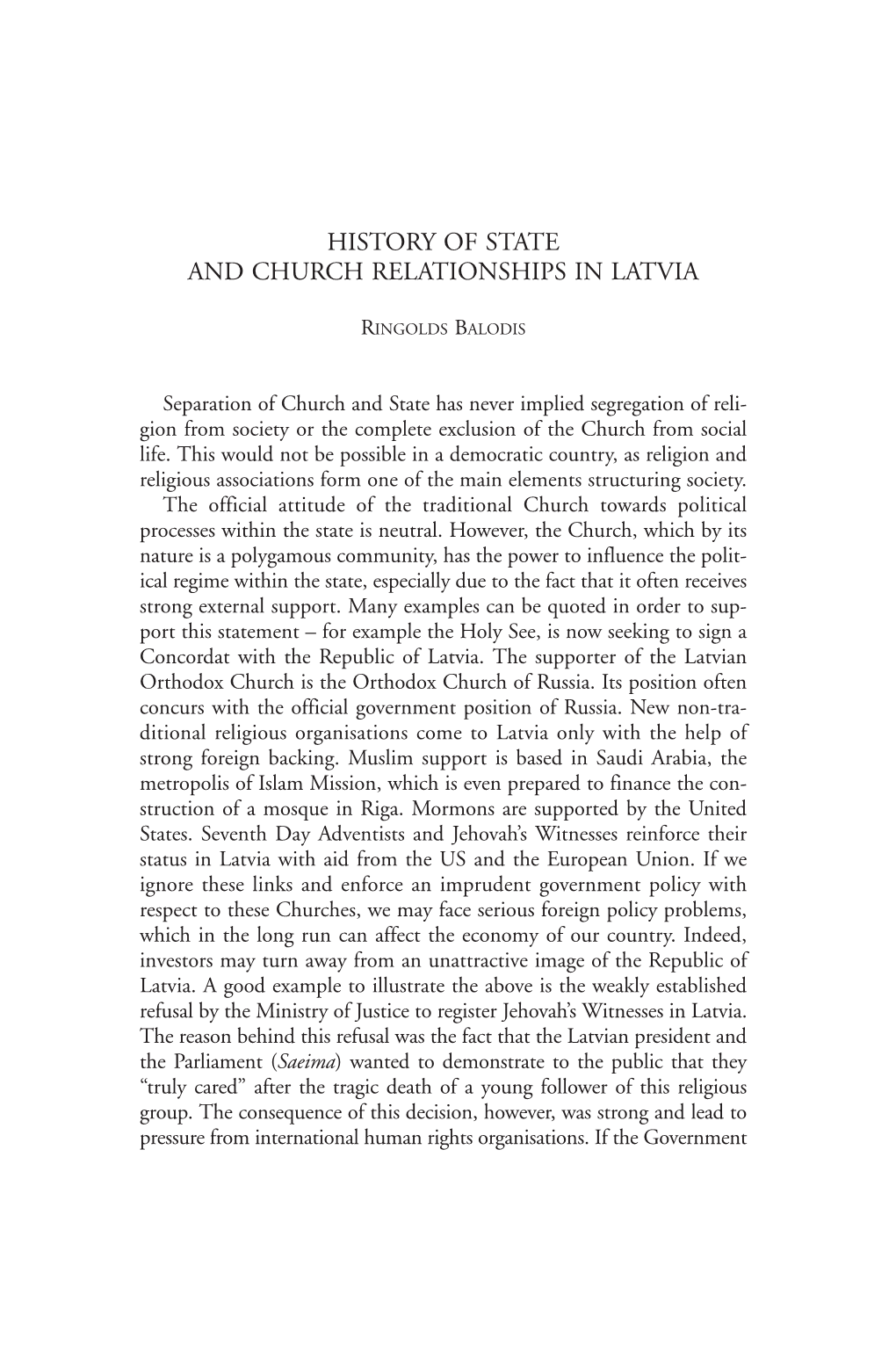 History of State and Church Relationships in Latvia