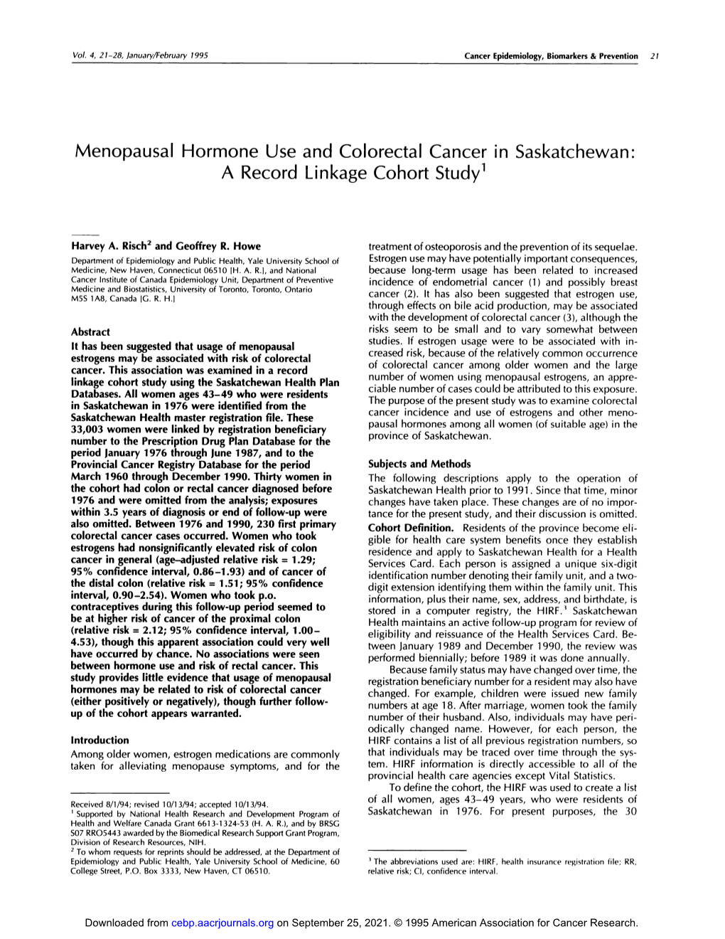 Menopausal Hormone Use and Colorectal Cancer in Saskatchewan: a Record Linkage Cohort Study1