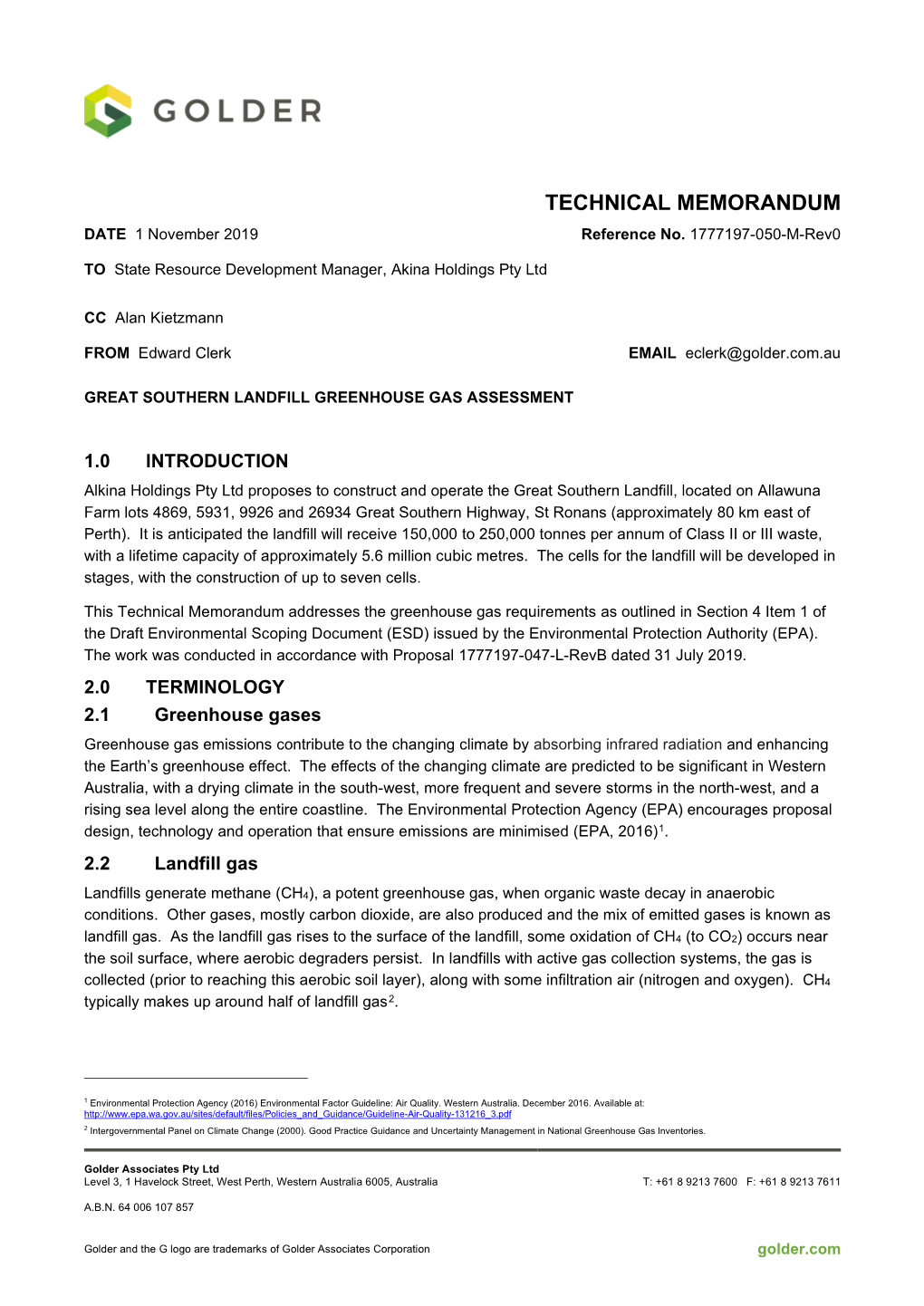 TECHNICAL MEMORANDUM DATE 1 November 2019 Reference No