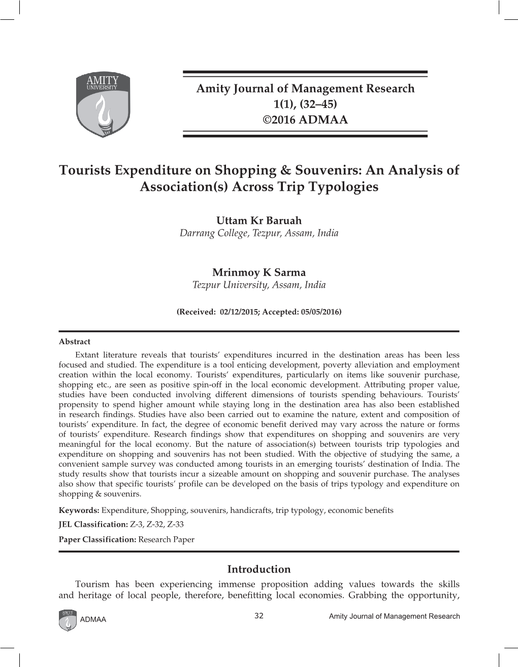 Tourists Expenditure on Shopping & Souvenirs