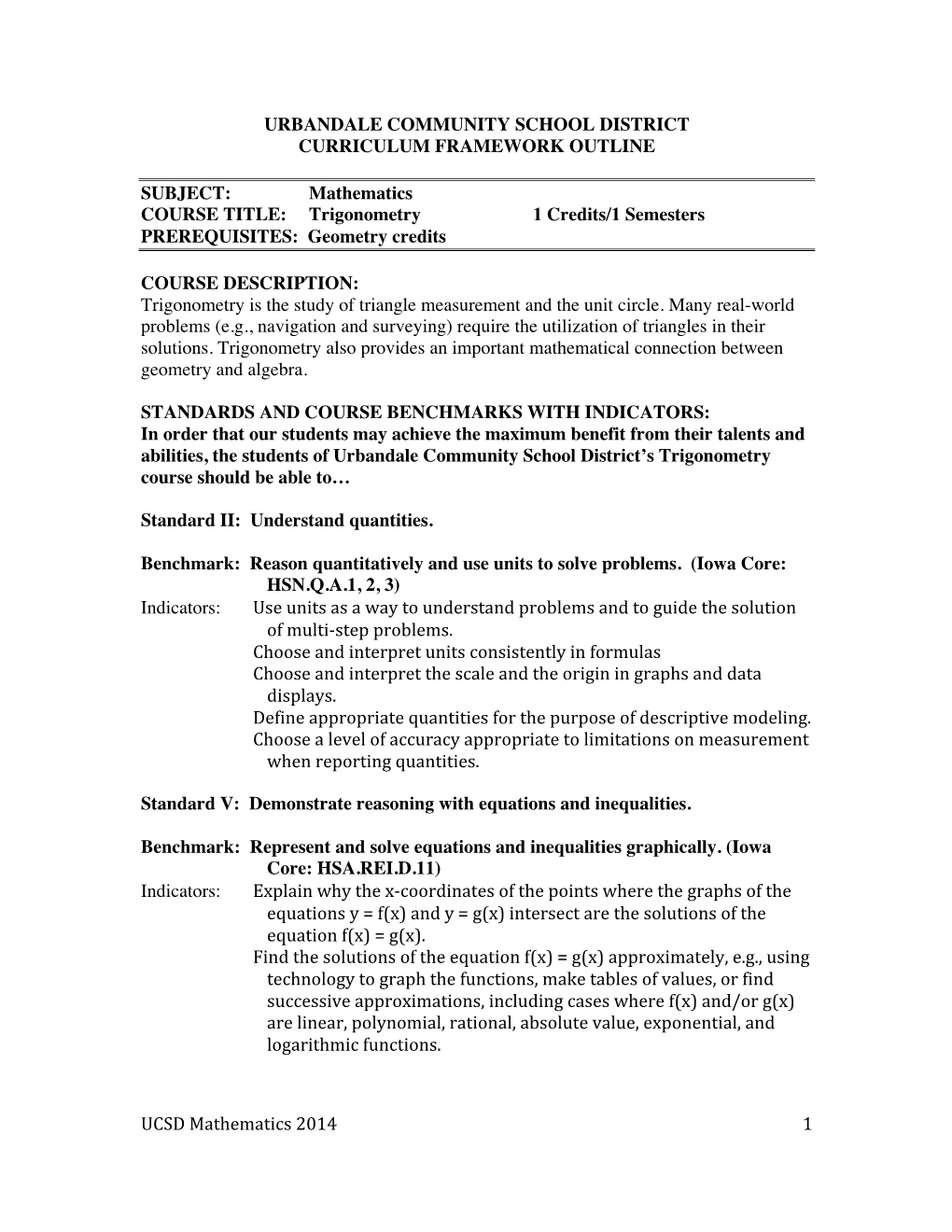 Trigonometry Curriculum 2014