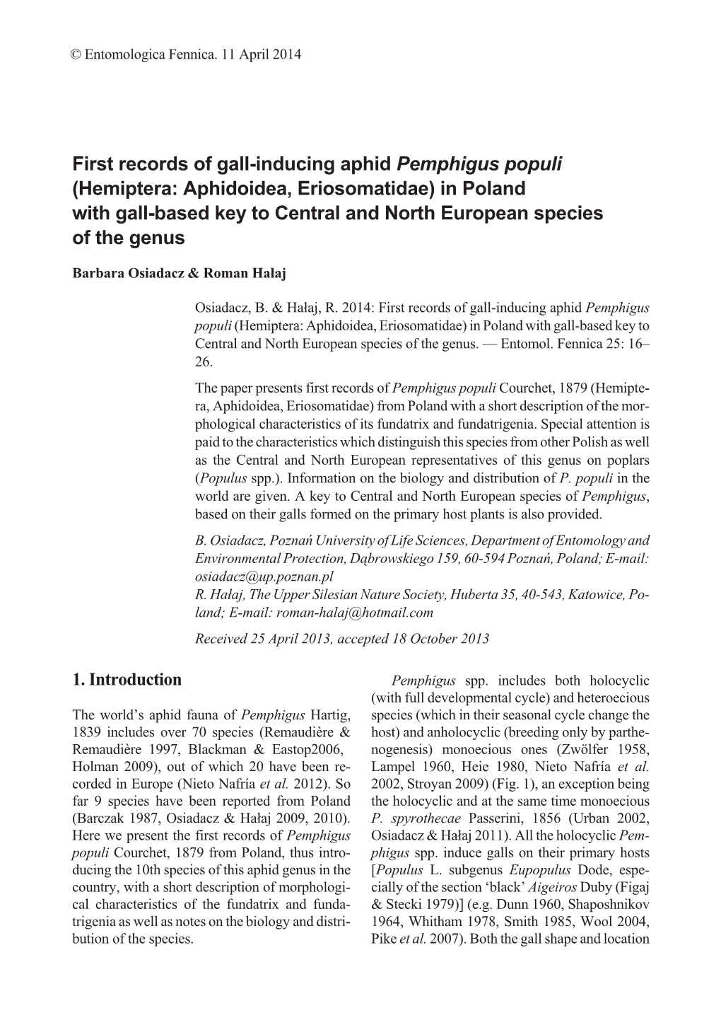 First Records of Gall-Inducing Aphid Pemphigus Populi