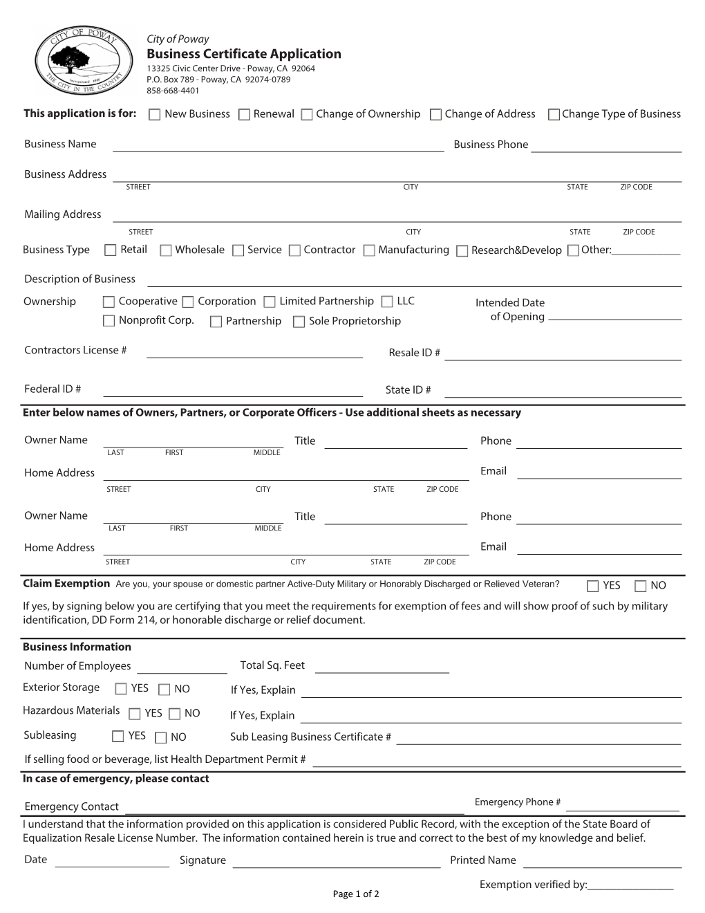 Business Certificate Application 13325 Civic Center Drive - Poway, CA 92064 P.O