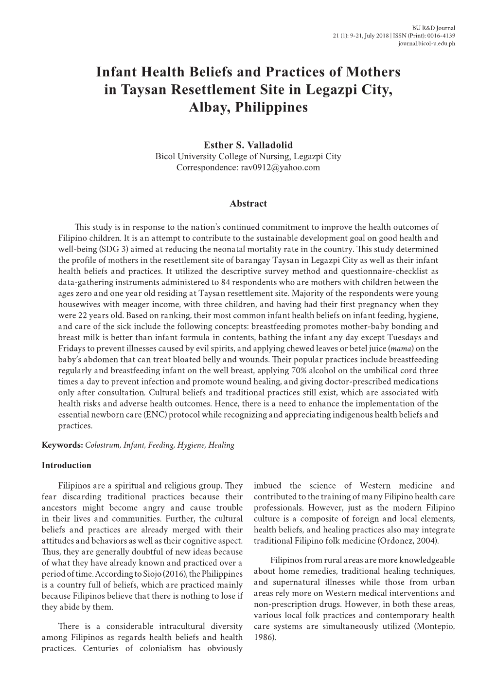 Infant Health Beliefs and Practices of Mothers in Taysan Resettlement Site in Legazpi City, Albay, Philippines