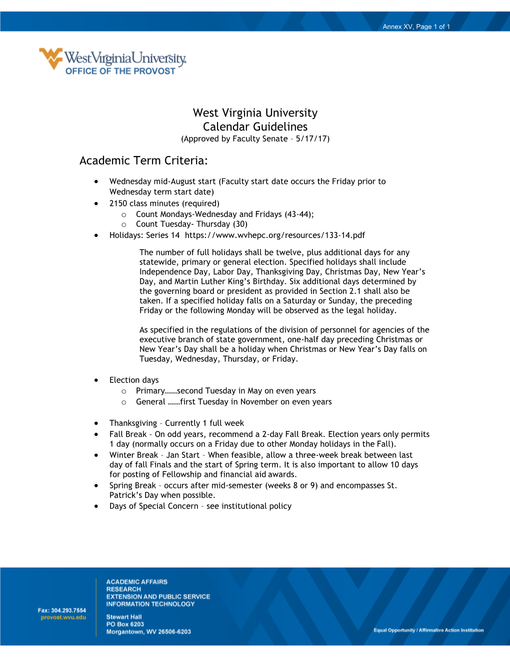 West Virginia University Calendar Guidelines Academic Term Criteria