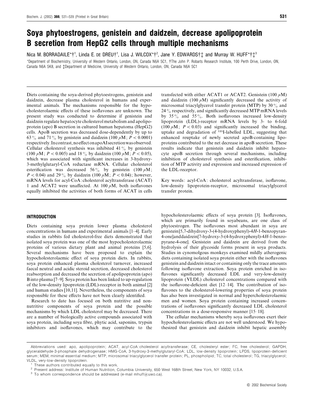 Soya Phytoestrogens, Genistein and Daidzein, Decrease Apolipoprotein B Secretion from Hepg2 Cells Through Multiple Mechanisms