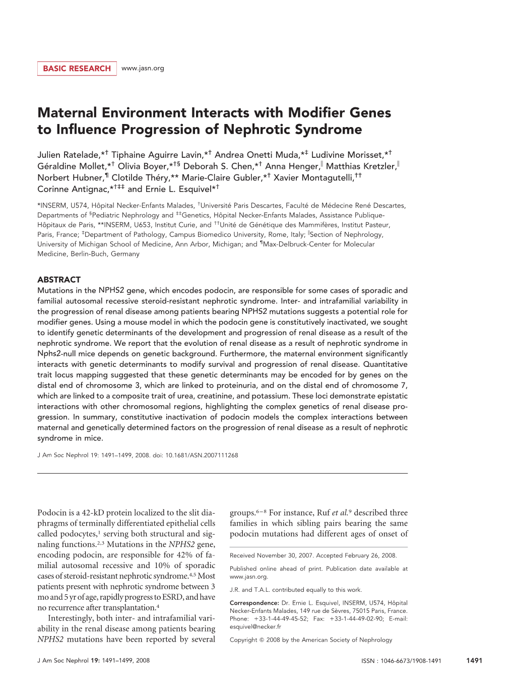 Maternal Environment Interacts with Modifier Genes to Influence Progression of Nephrotic Syndrome