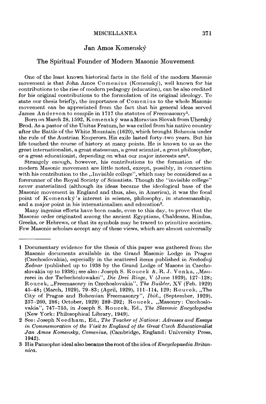 371 Jan Amos Komenskı the Spiritual Founder of Modern Masonic