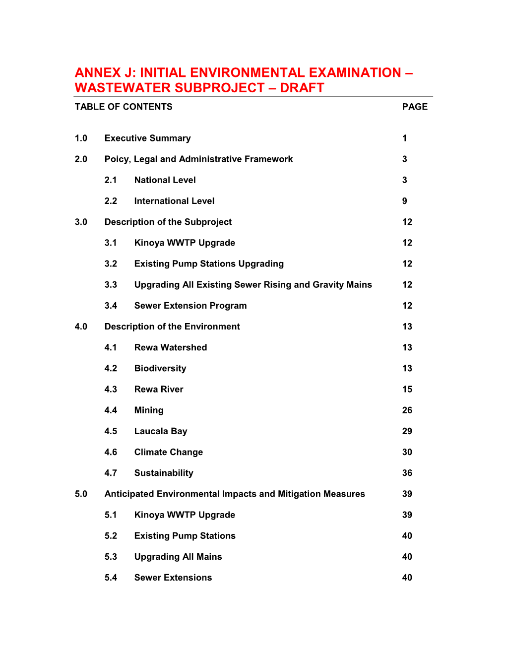 Annex J: Initial Environmental Examination – Wastewater Subproject – Draft Table of Contents Page