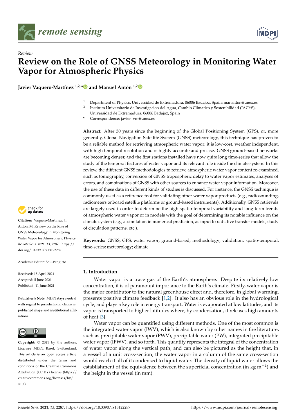 Review on the Role of GNSS Meteorology in Monitoring Water Vapor for Atmospheric Physics