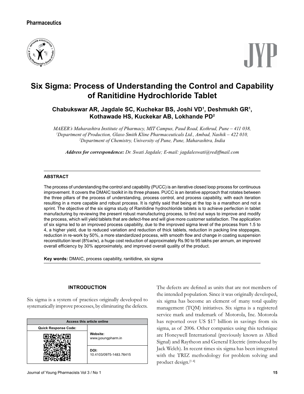 Six Sigma: Process of Understanding the Control and Capability of Ranitidine Hydrochloride Tablet