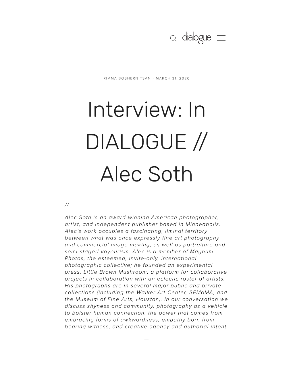 In Dialogue with Alec Soth
