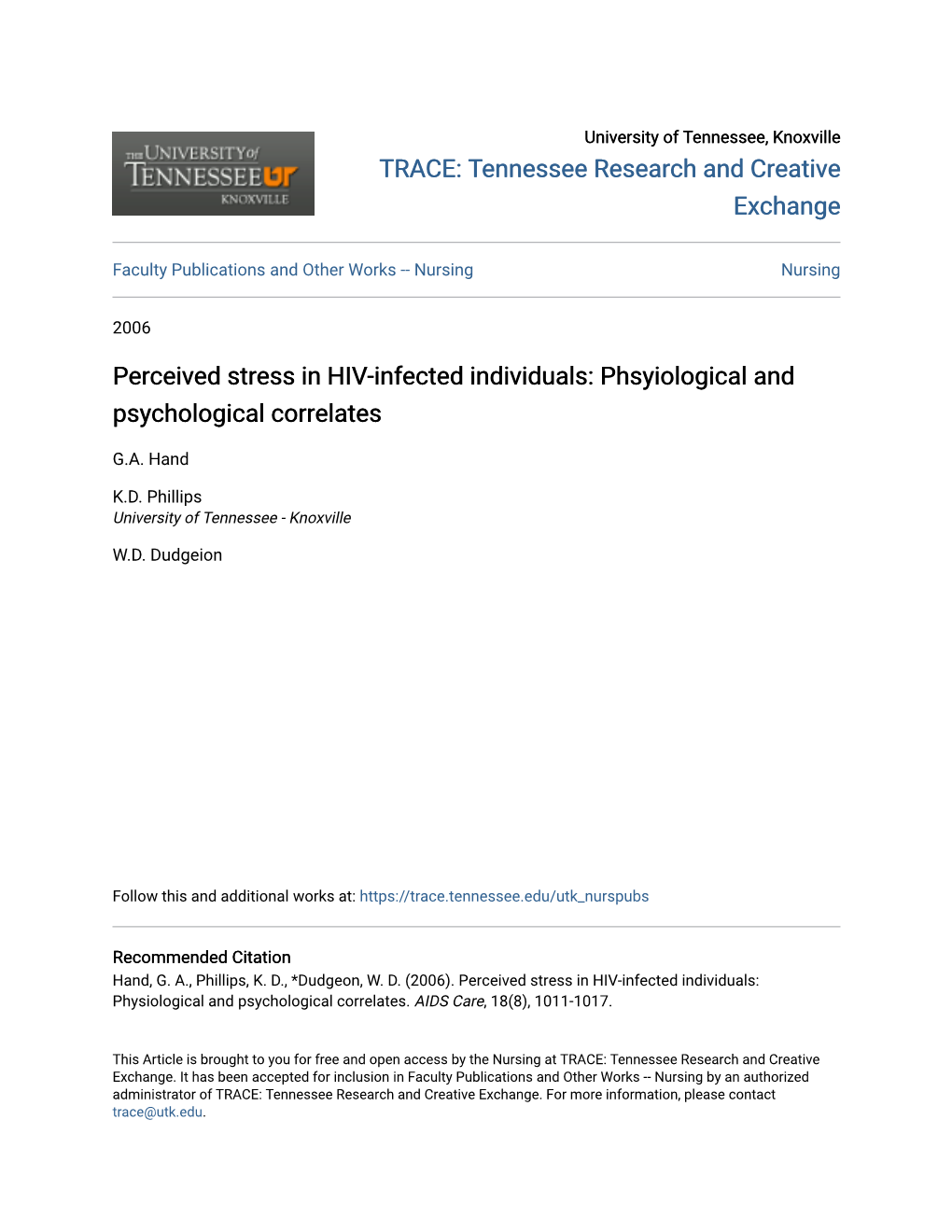 Perceived Stress in HIV-Infected Individuals: Phsyiological and Psychological Correlates