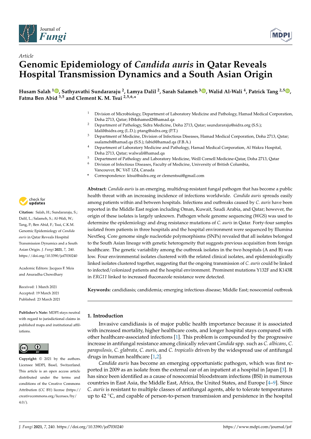 Genomic Epidemiology of Candida Auris in Qatar Reveals Hospital Transmission Dynamics and a South Asian Origin