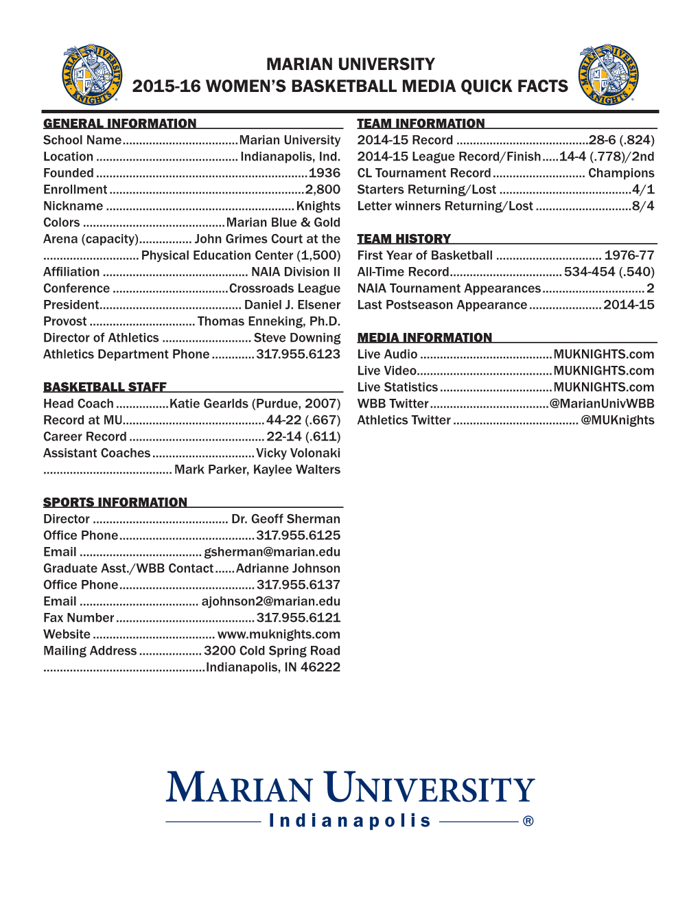 Marian University 2015-16 Women's Basketball Media Quick Facts