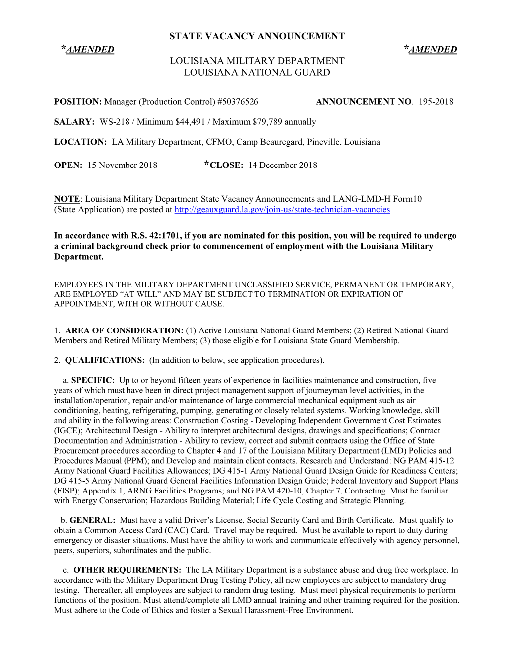 State Vacancy Announcement *Amended *Amended Louisiana Military Department Louisiana National Guard