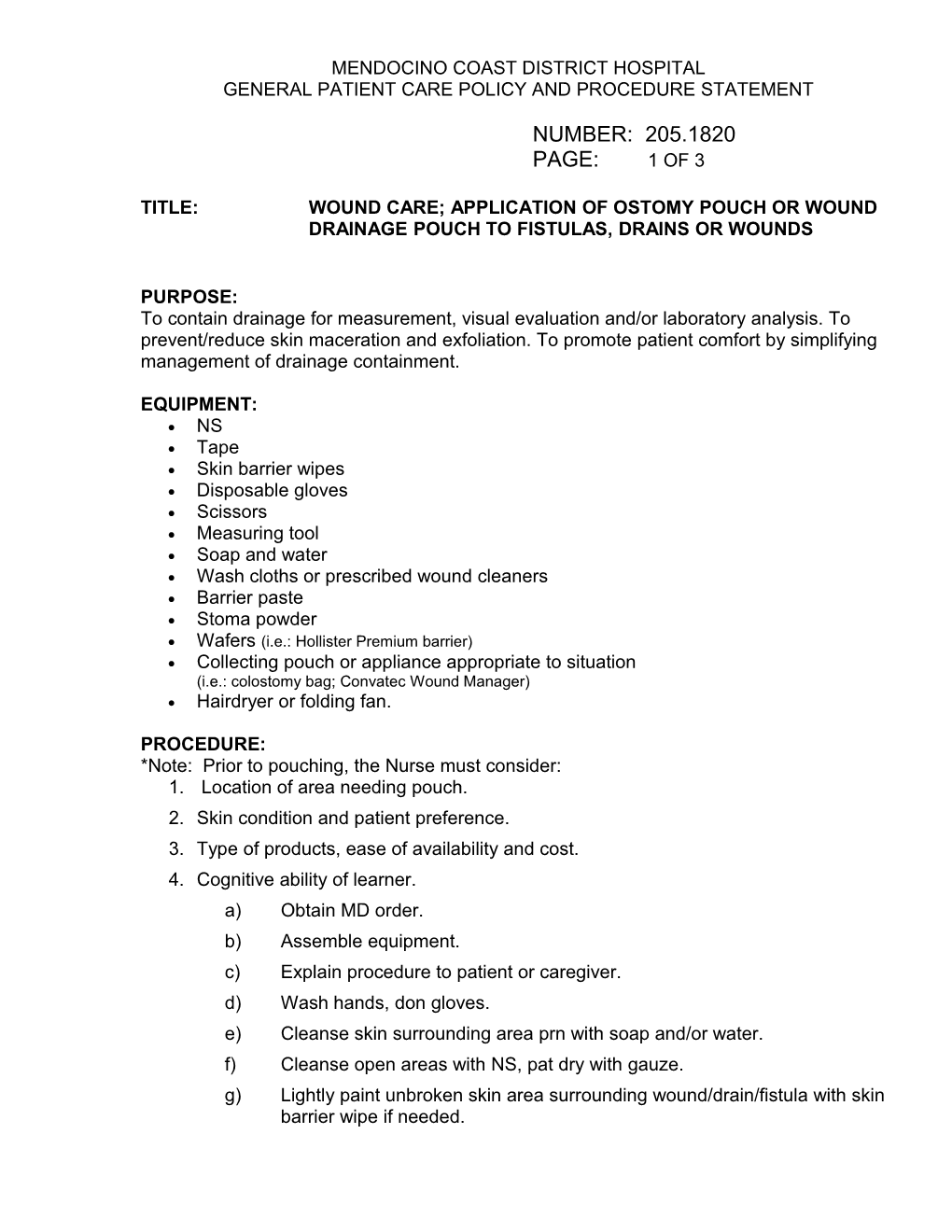 General Patient Care Policy and Procedure Statement