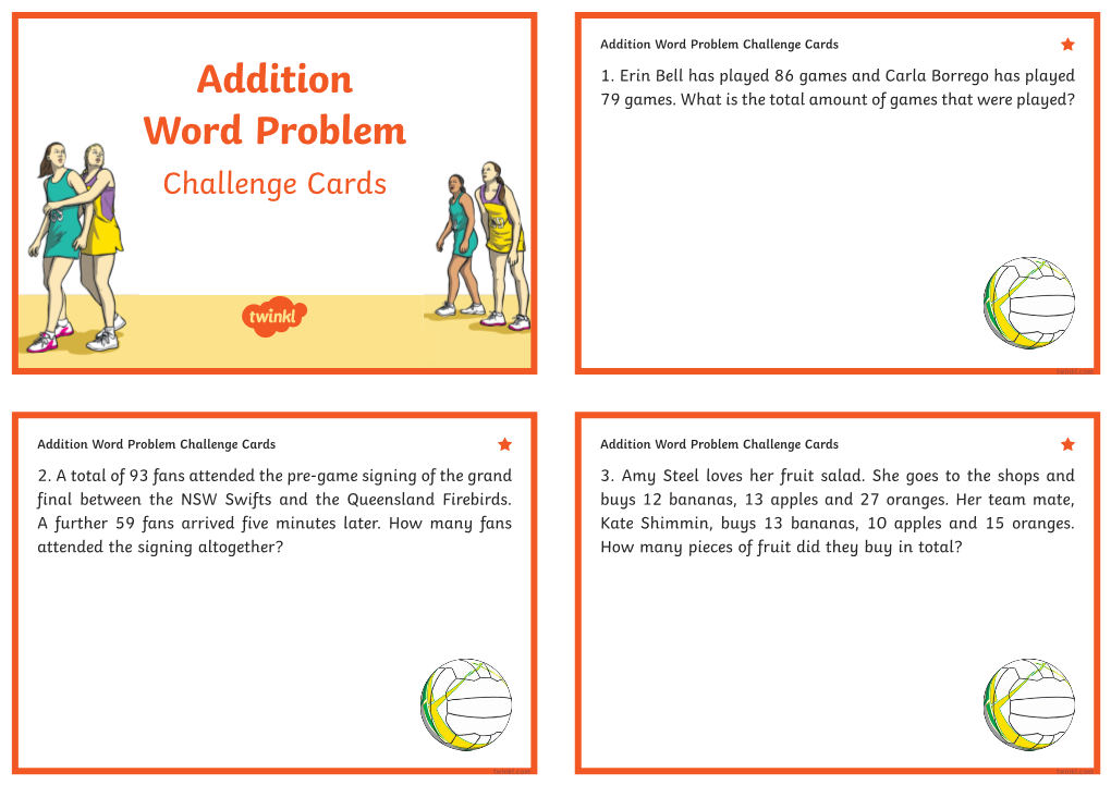 Addition Word Problem Challenge Cards 1