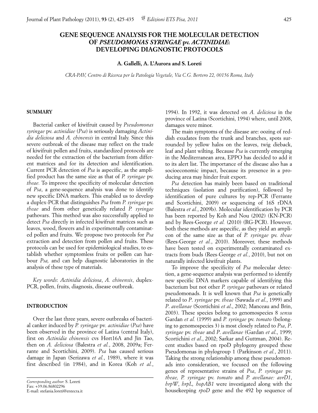 GENE SEQUENCE ANALYSIS for the MOLECULAR DETECTION of PSEUDOMONAS SYRINGAE Pv