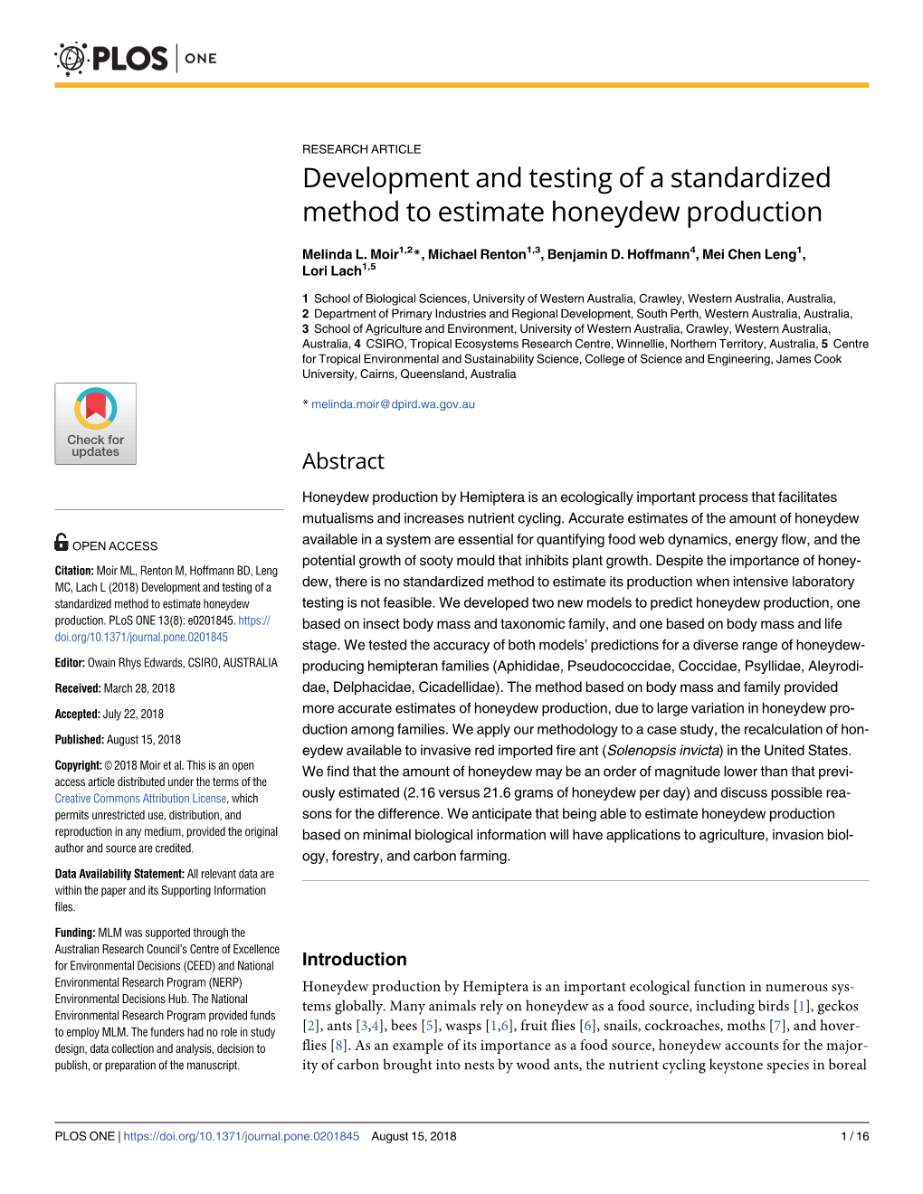 Development and Testing of a Standardized Method to Estimate Honeydew Production