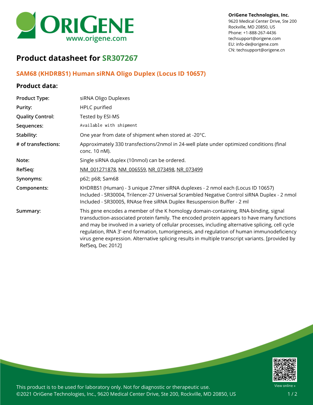 SAM68 (KHDRBS1) Human Sirna Oligo Duplex (Locus ID 10657) Product Data