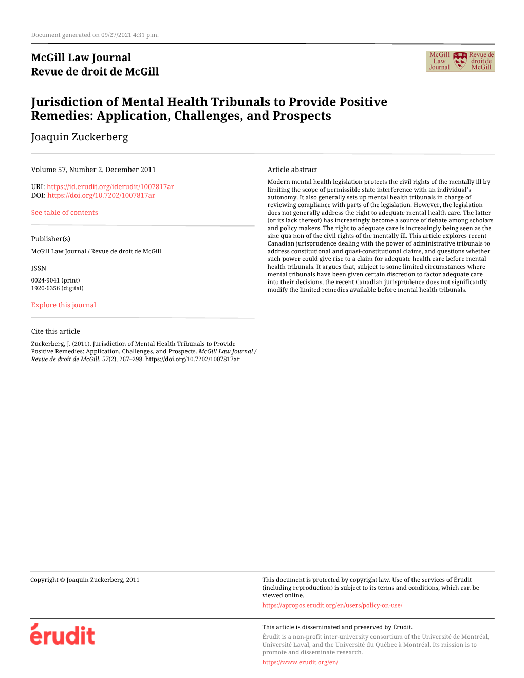 Jurisdiction of Mental Health Tribunals to Provide Positive Remedies: Application, Challenges, and Prospects Joaquin Zuckerberg