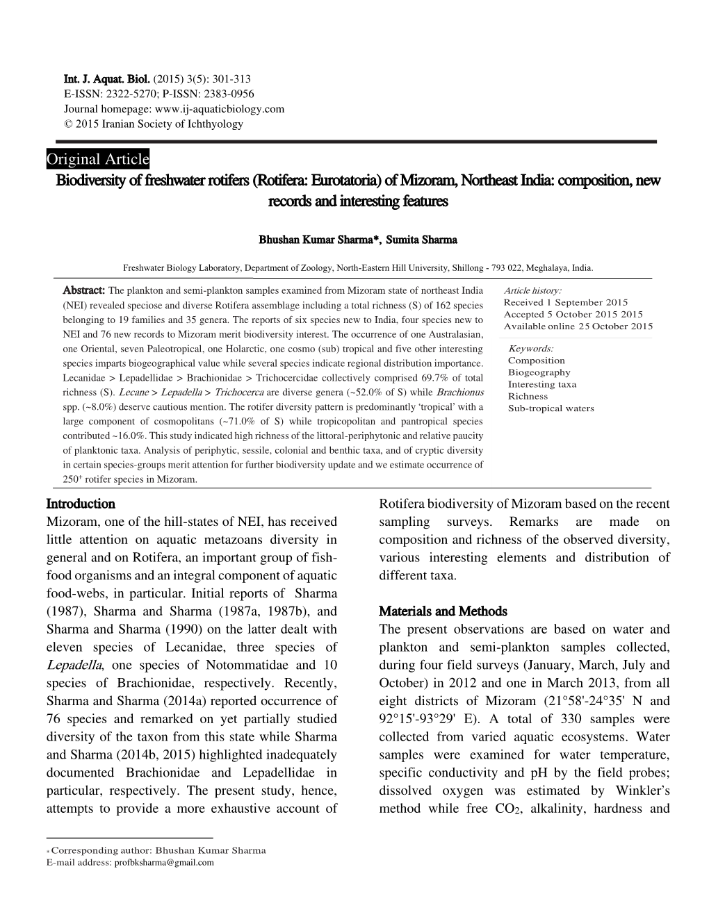 Original Article Biodiversity of Freshwater Rotifers (Rotifera: Eurotatoria) of Mizoram, Northeast India: Composition, New Records and Interesting Features