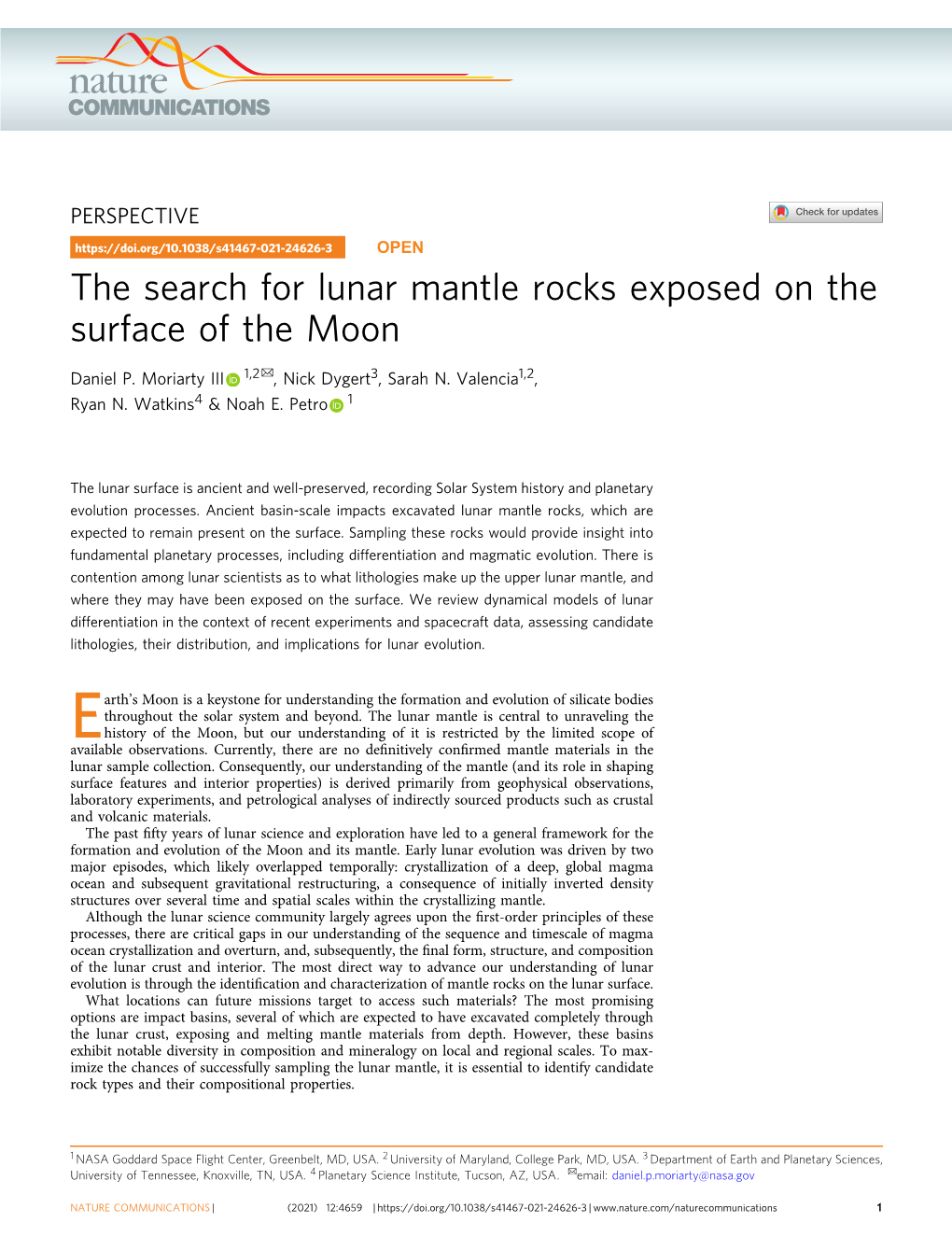 The Search for Lunar Mantle Rocks Exposed on the Surface of the Moon ✉ Daniel P