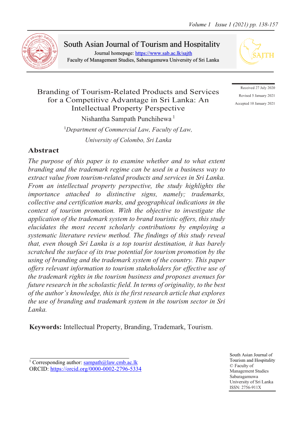 South Asian Journal of Tourism and Hospitality Journal Homepage: Faculty of Management Studies, Sabaragamuwa University of Sri Lanka