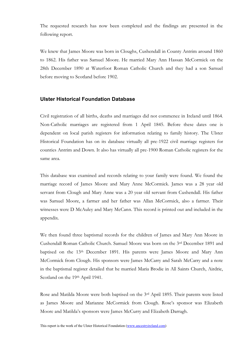 Sample Report of the Moore Family, 1800S