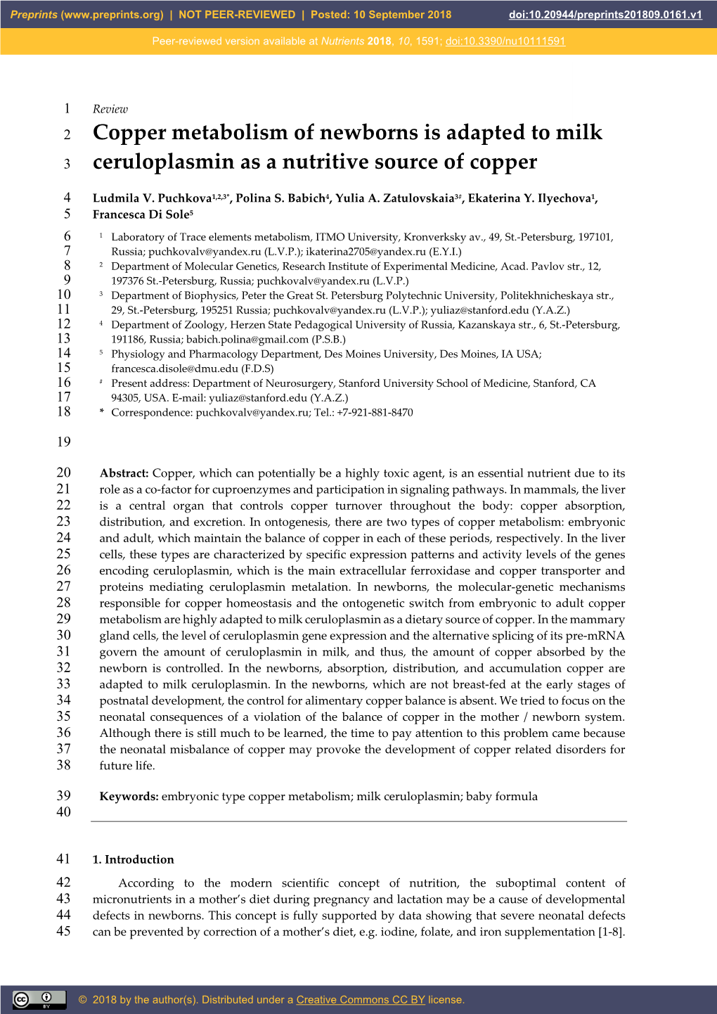 Copper Metabolism of Newborns Is Adapted to Milk 3 Ceruloplasmin As a Nutritive Source of Copper