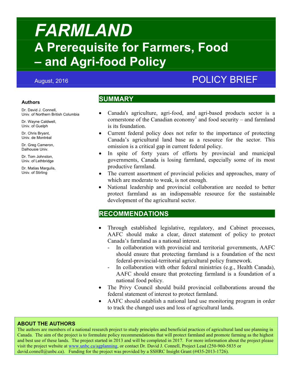 FARMLAND a Prerequisite for Farmers, Food – and Agri-Food Policy