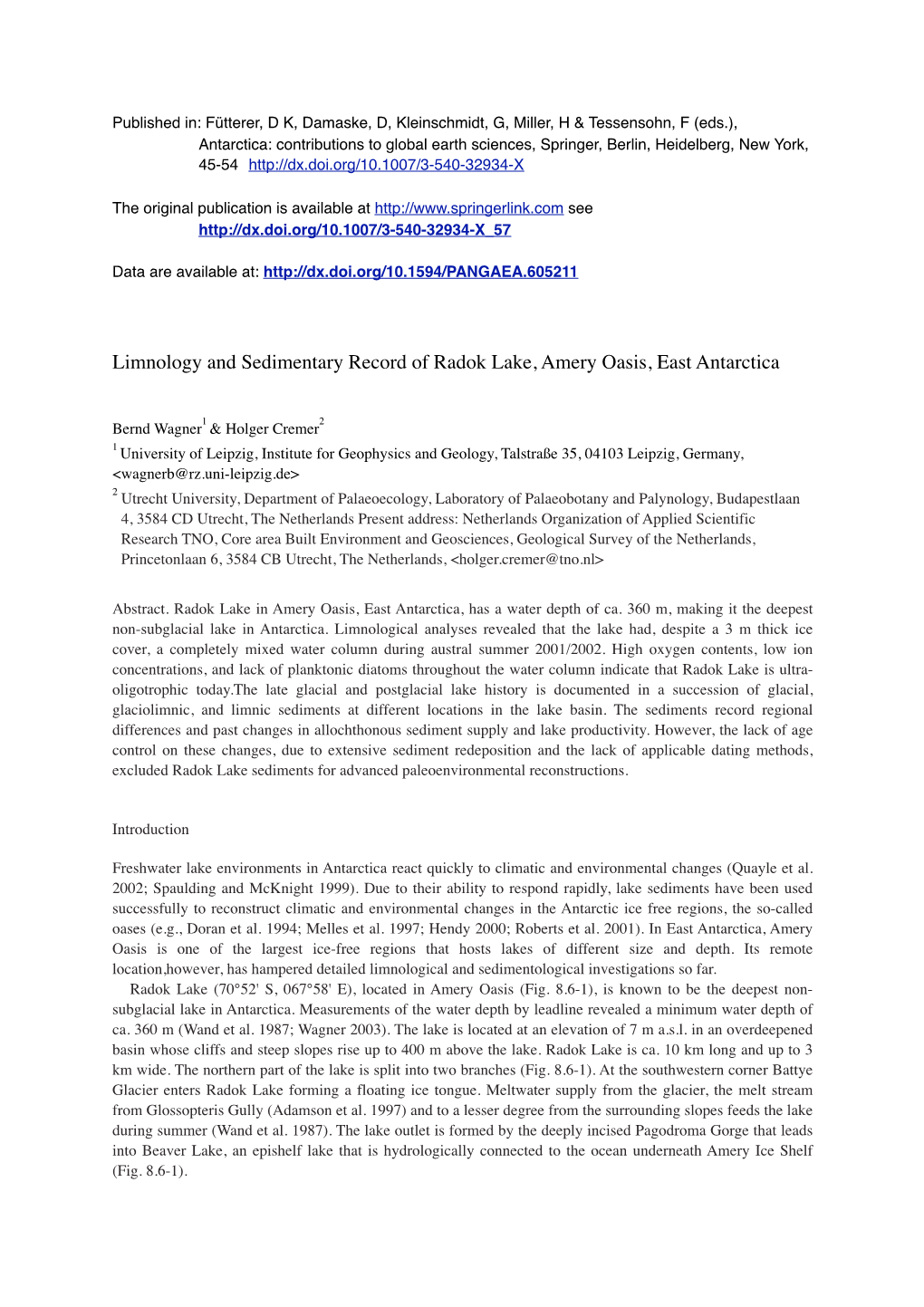 Limnology and Sedimentary Record of Radok Lake, Amery Oasis, East Antarctica