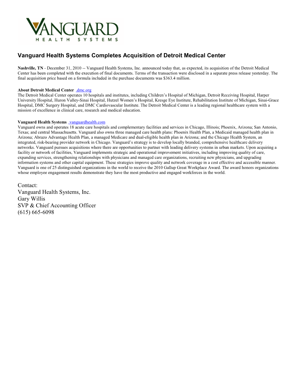 Vanguard Health Systems Completes Acquisition of Detroit Medical Center