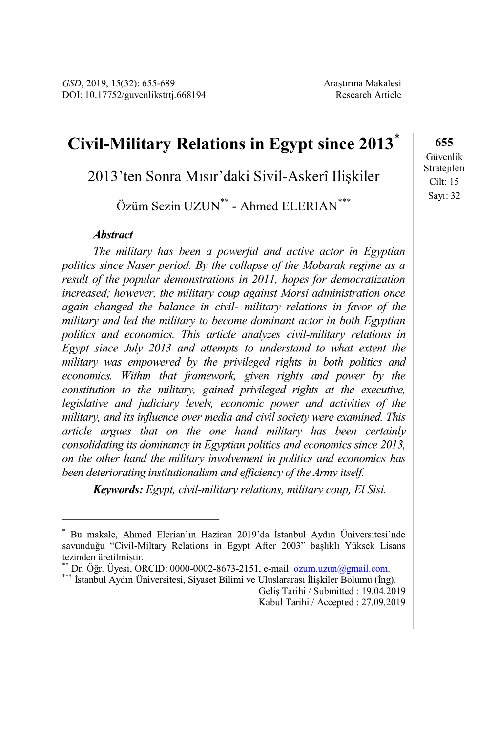 Civil-Military Relations in Egypt Since 2013