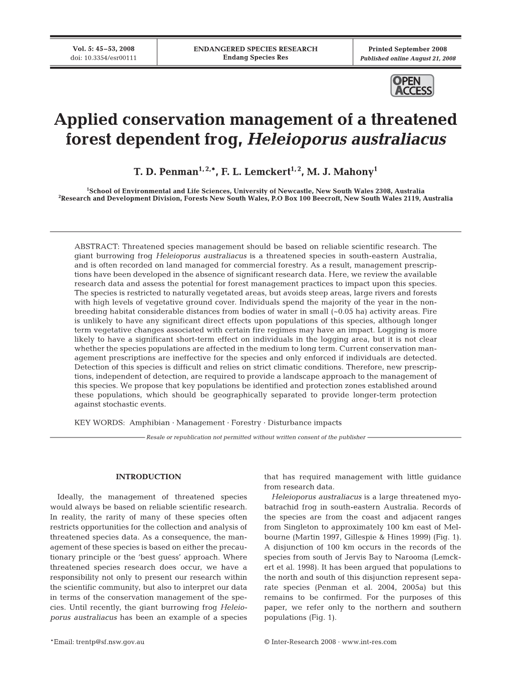 Applied Conservation Management of a Threatened Forest Dependent Frog, Heleioporus Australiacus