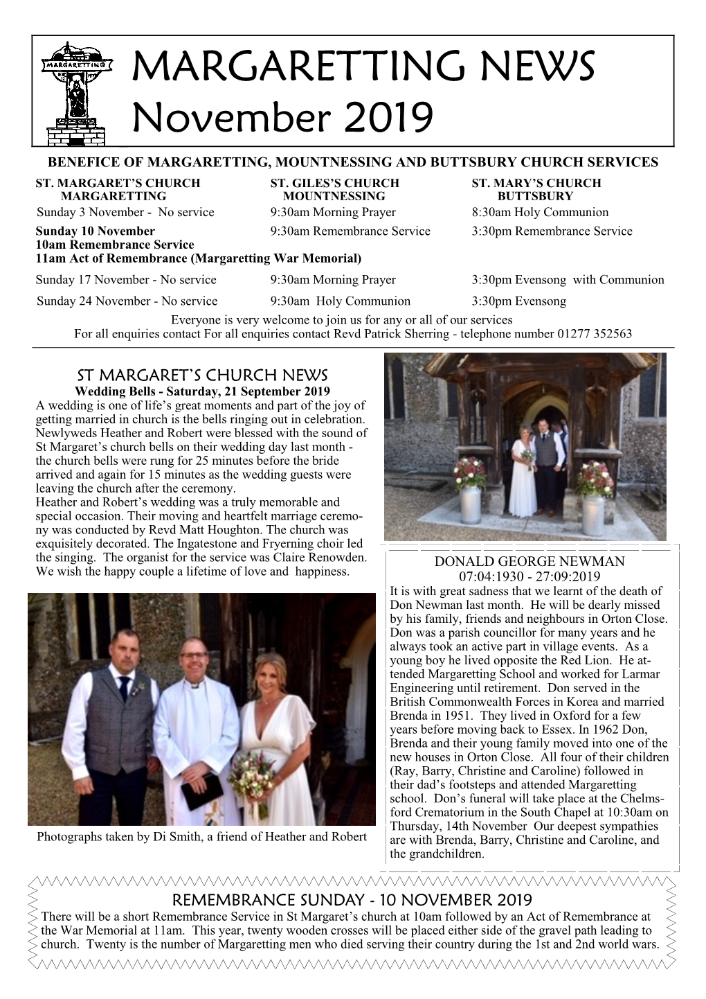 MARGARETTING NEWS November 2019 BENEFICE of MARGARETTING, MOUNTNESSING and BUTTSBURY CHURCH SERVICES ST