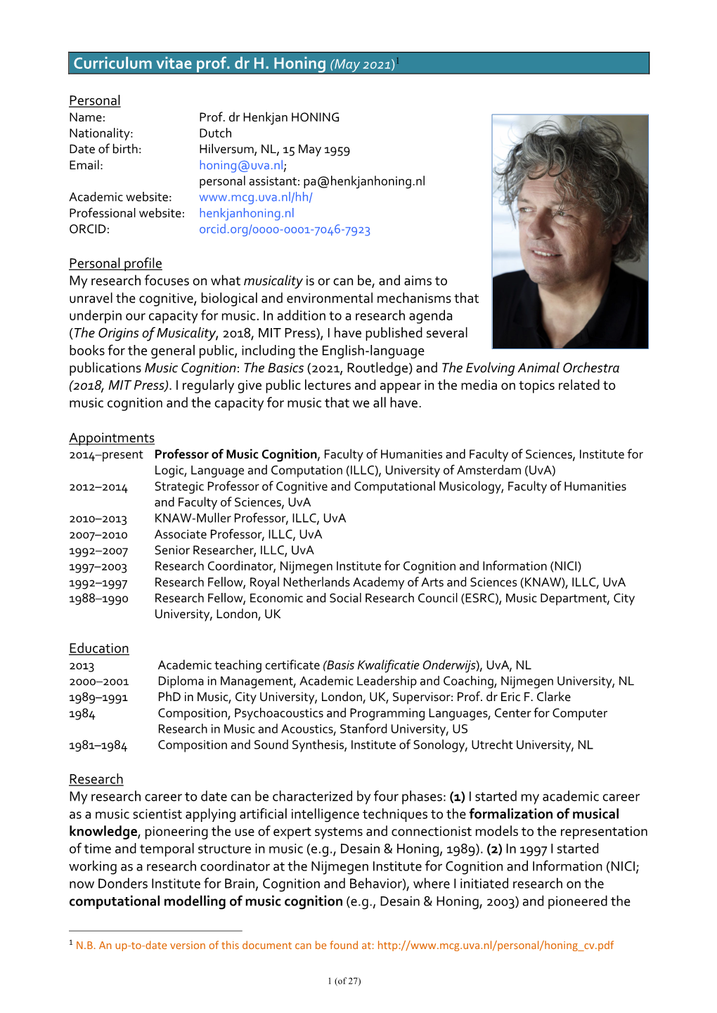 Curriculum Vitae Prof. Dr H. Honing (May 2021)1