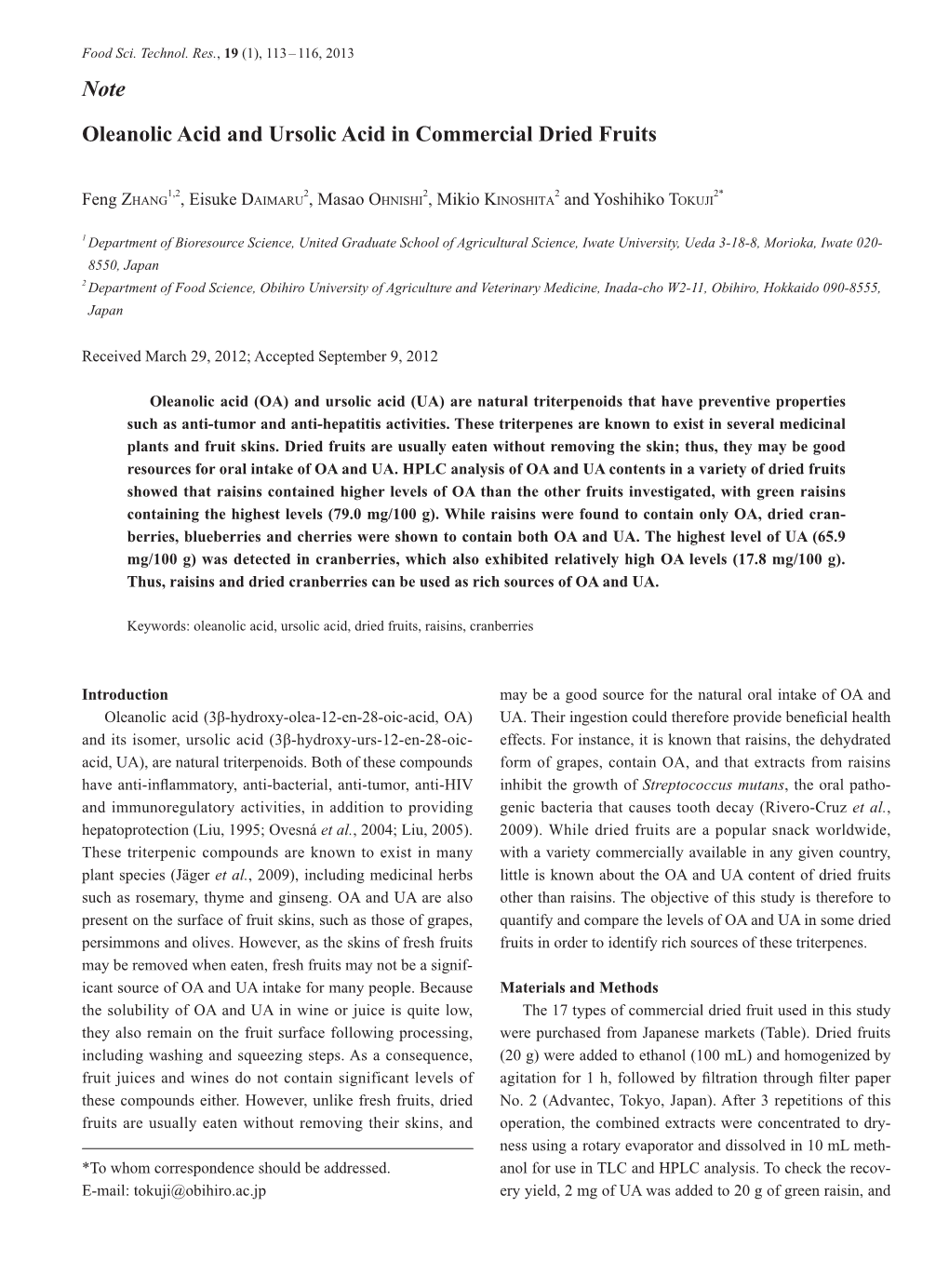 Note Oleanolic Acid and Ursolic Acid in Commercial Dried Fruits