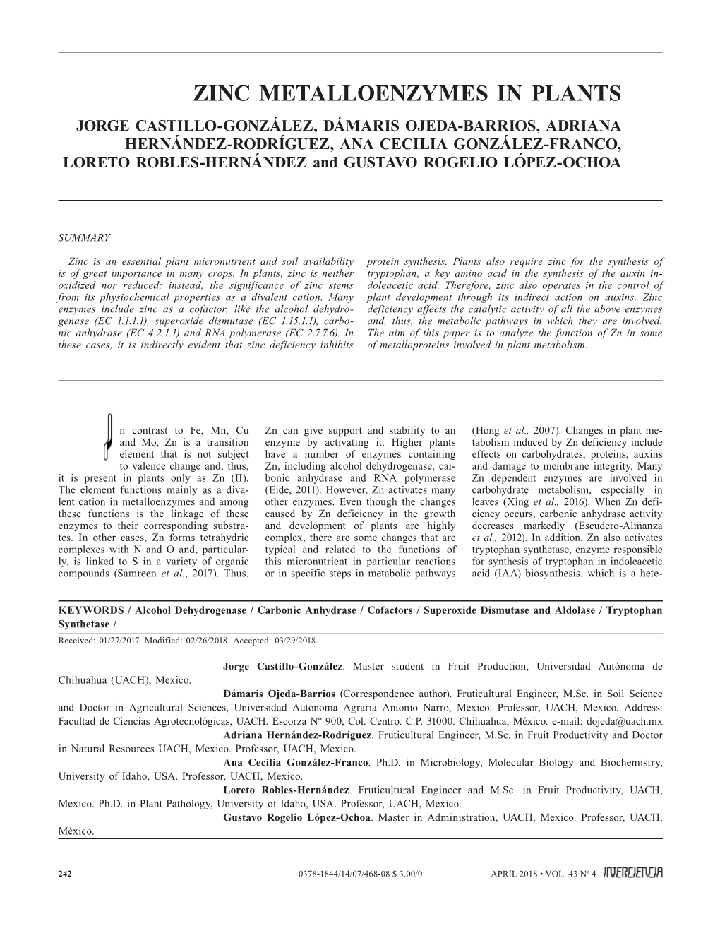 Zinc Metalloenzymes in Plants