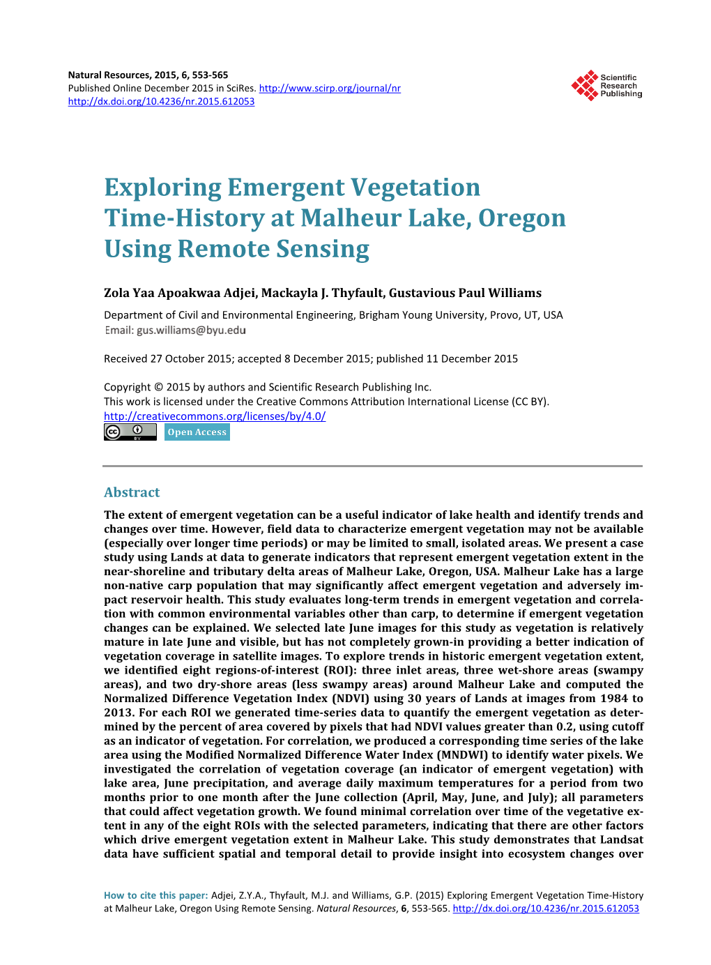 Exploring Emergent Vegetation Time-History at Malheur Lake, Oregon Using Remote Sensing