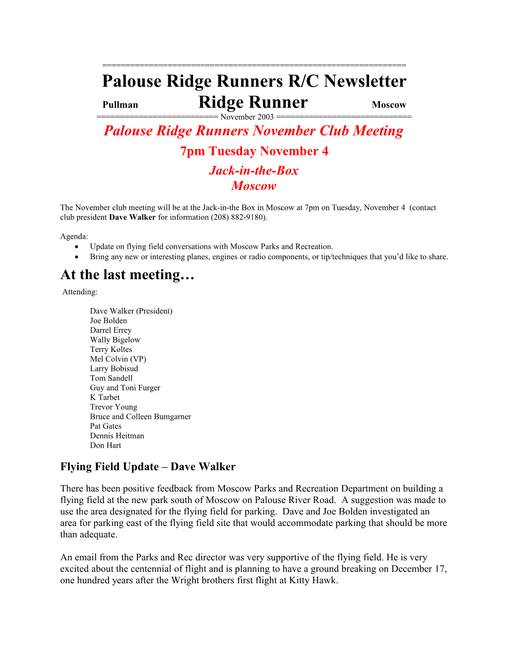 Palouse Ridge Runners R/C Newsletter