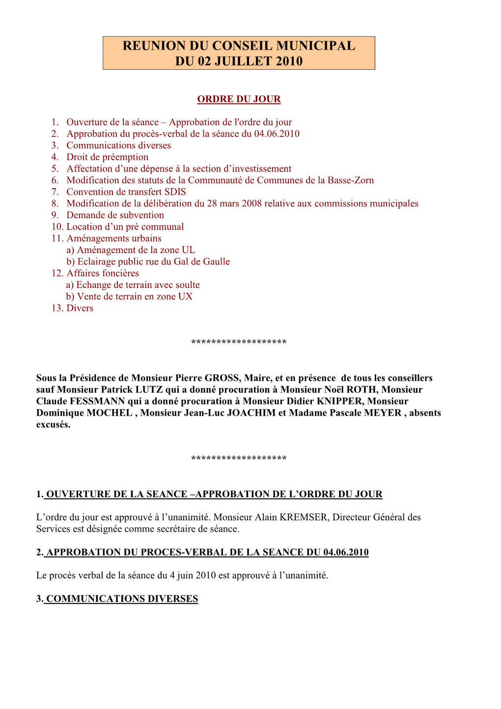 Reunion Du Conseil Municipal Du 02 Juillet 2010